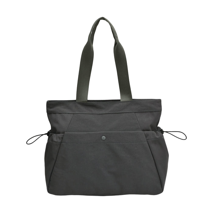 Lightweight Tote Bag With Yoga Mat Straps - A lightweight grey tote bag featuring yoga mat straps and two exterior pockets, with sturdy handles and a logo.