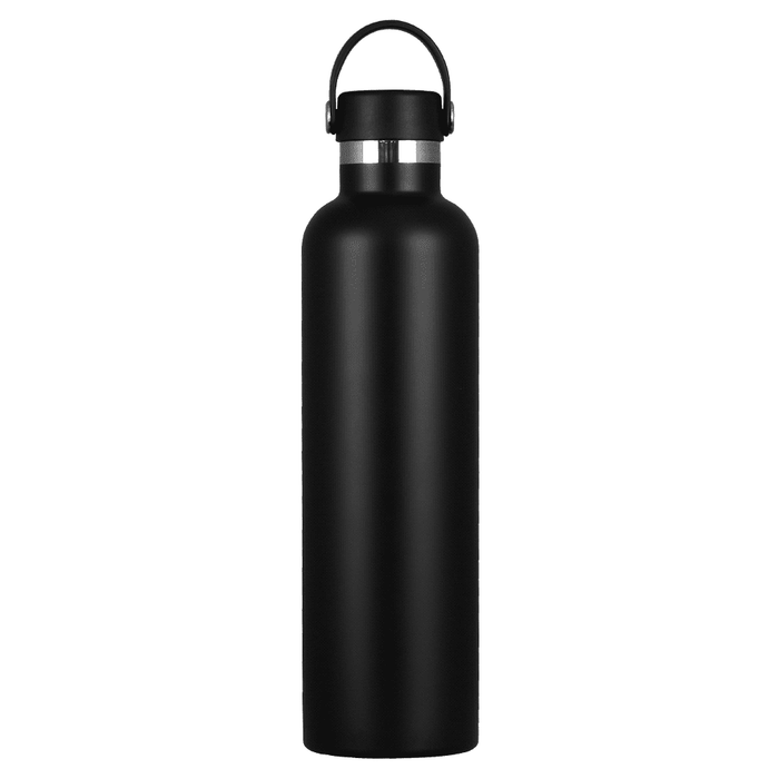 The Tank 2.0 Stainless Steel 1L Drink Bottle - A drink bottle in matte black stainless steel with a silver lid, featuring a handle for easy carrying.