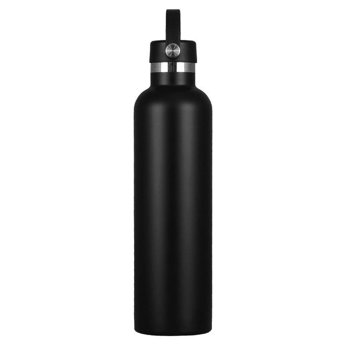 The Tank 2.0 Stainless Steel 1L Drink Bottle - A drink bottle in matte black stainless steel, featuring a secure lid and a simple design. It has a logo on the side.