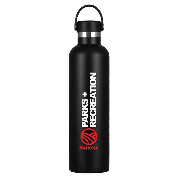 The Tank 2.0 Stainless Steel 1L Drink Bottle - A drink bottle made of stainless steel, featuring a black body and a logo, with a capacity of 1 litre.