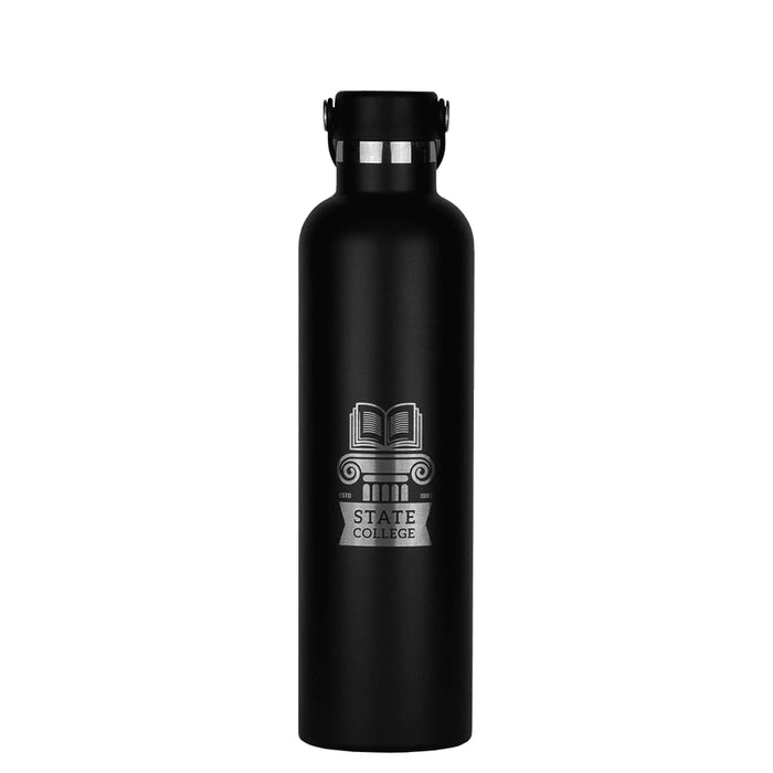 The Tank 2.0 Stainless Steel 1L Drink Bottle - A drink bottle in matte black stainless steel with a silver logo featuring an open book and a column.