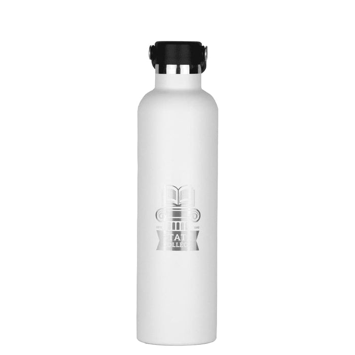 The Tank 2.0 Stainless Steel 1L Drink Bottle - A drink bottle in white stainless steel, featuring a black lid and a logo design.