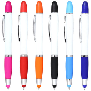 Nash Ballpoint Pen w/ Yellow Wax Highlighter - A collection of ballpoint pens in various colours, featuring clip designs and silver accents. Each pen has a white barrel.