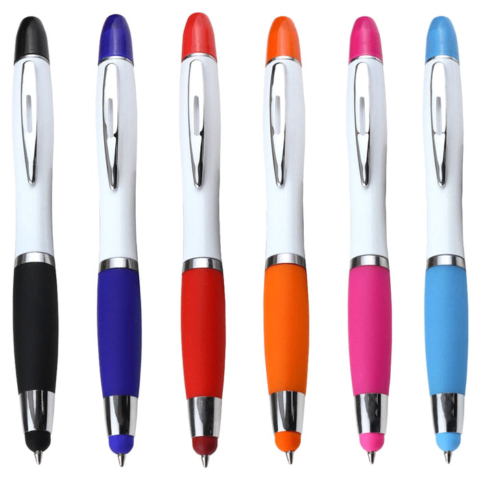 Nash Ballpoint Pen w/ Yellow Wax Highlighter - A selection of six ballpoint pens with coloured grips, featuring black, blue, red, orange, pink, and purple options. Each has a logo.