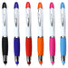 Nash Ballpoint Pen w/ Yellow Wax Highlighter - A selection of six ballpoint pens with coloured grips, featuring black, blue, red, orange, pink, and purple options. Each has a logo.