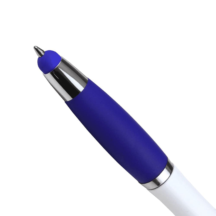 Nash Ballpoint Pen w/ Yellow Wax Highlighter - A ballpoint pen with a blue rubber grip and a silver accent, featuring a white barrel and a logo.