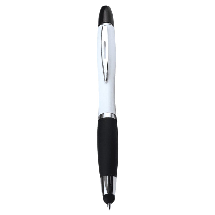 Nash Ballpoint Pen w/ Yellow Wax Highlighter - A ballpoint pen with a white barrel, black grip, and chrome accents. It features a branding logo.