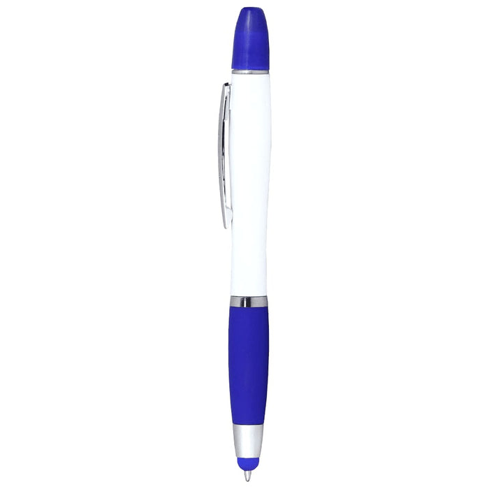 Nash Ballpoint Pen w/ Yellow Wax Highlighter - A blue and white ballpoint pen with a blue grip and a branding logo.