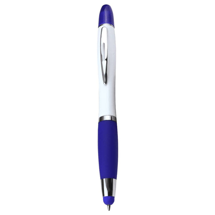 Nash Ballpoint Pen w/ Yellow Wax Highlighter - A ballpoint pen with a blue tip and grip, featuring a white barrel and a silver clip, includes branding.