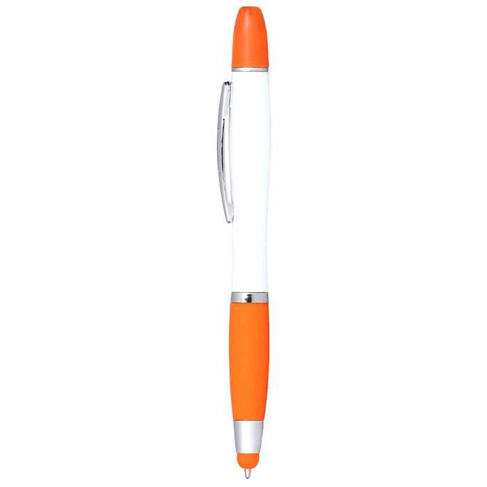 Nash Ballpoint Pen w/ Yellow Wax Highlighter - A ballpoint pen with a white body and orange accents, featuring a silver clip and a highlighter tip.