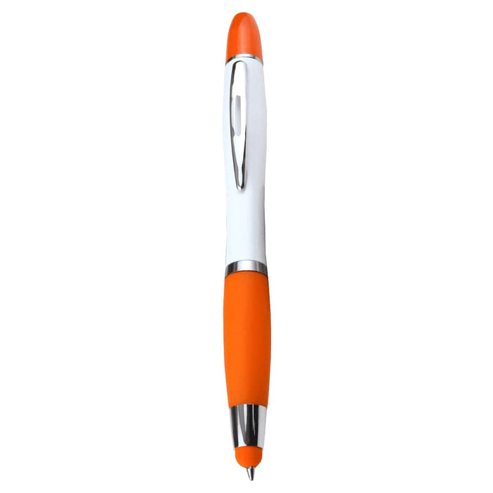 Nash Ballpoint Pen w/ Yellow Wax Highlighter - An orange and white ballpoint pen with a glossy finish and a silver clip.