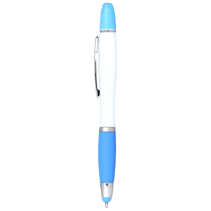 Nash Ballpoint Pen w/ Yellow Wax Highlighter - A ballpoint pen with a white body, blue accents, and a clip, featuring a branding logo.