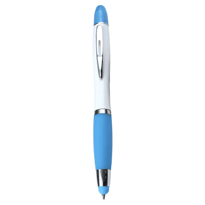 Nash Ballpoint Pen w/ Yellow Wax Highlighter - A blue ballpoint pen with a white body and blue grip, featuring a silver clip and a logo.