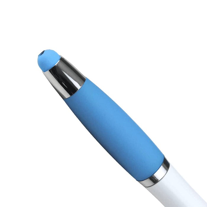 Nash Ballpoint Pen w/ Yellow Wax Highlighter - A ballpoint pen with a white barrel and a blue rubber grip, featuring a shiny chrome tip and a stylus end.