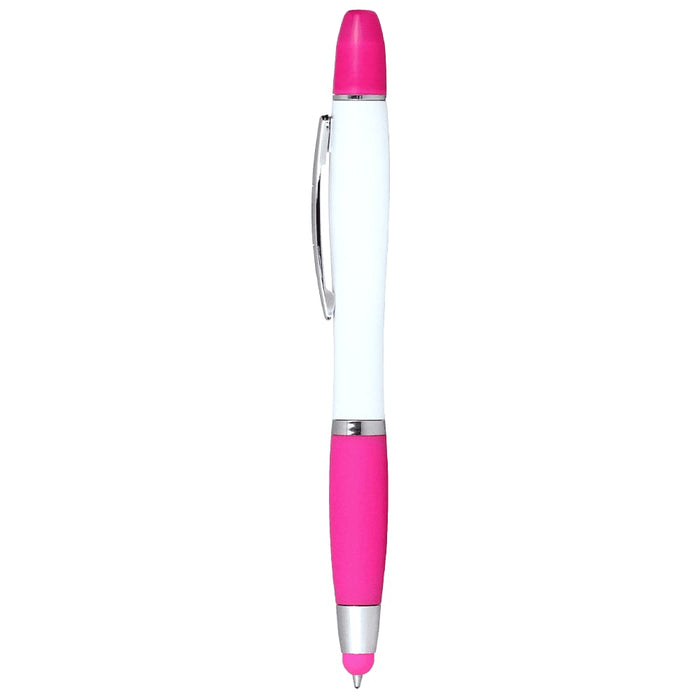 Nash Ballpoint Pen w/ Yellow Wax Highlighter - A pink ballpoint pen with a white body and a pink highlighter tip and grip, featuring a decorative logo.