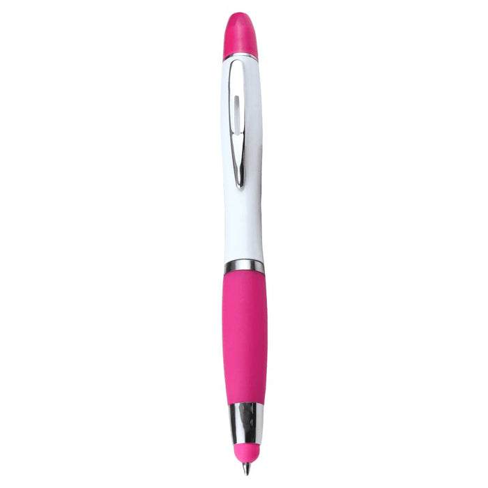 Nash Ballpoint Pen w/ Yellow Wax Highlighter - A pink and white ballpoint pen with a silver clip and a stylus tip. It has a smooth grip for comfort.