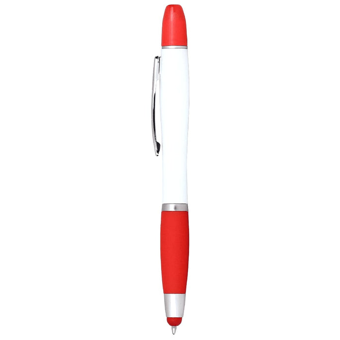 Nash Ballpoint Pen w/ Yellow Wax Highlighter - A ballpoint pen with a white barrel and red accents, featuring a clip and a smooth writing tip.