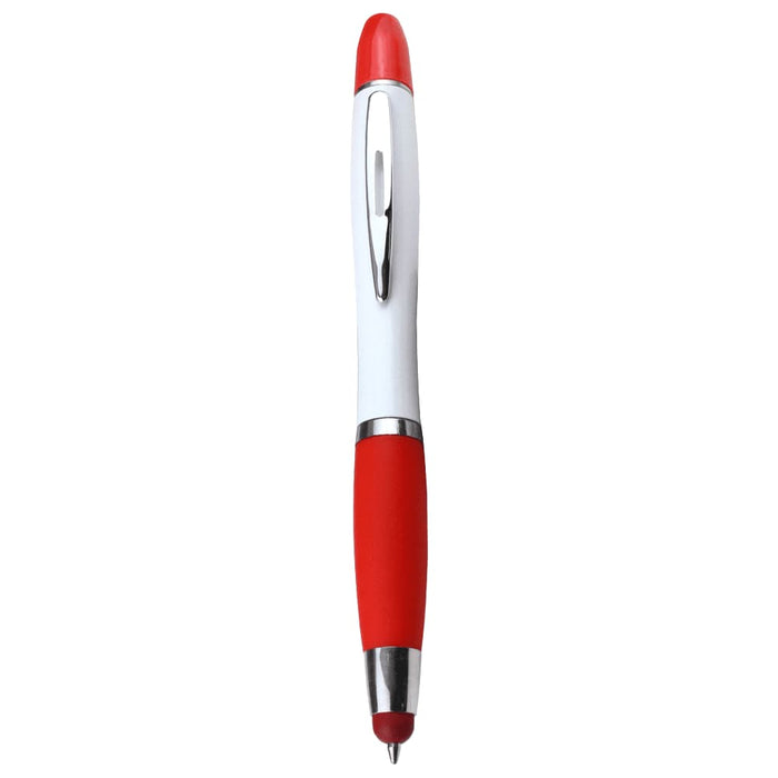 Nash Ballpoint Pen w/ Yellow Wax Highlighter - A ballpoint pen with a white body, red accents, and a clip. It features a silver section and has a logo.