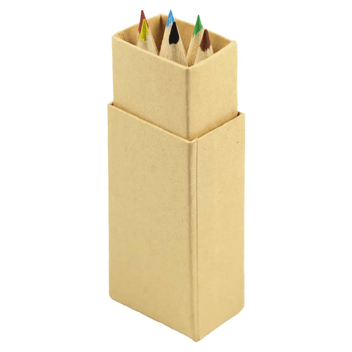Coloured Pencil Set 6pcs - A set of six coloured pencils in a rectangular cardboard holder, featuring various colours including red, green, and blue.