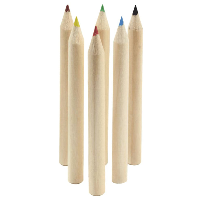 Coloured Pencil Set 6pcs - A set of six coloured pencils in red, yellow, green, blue, black, and unpainted wood. The pencils have pointed tips.