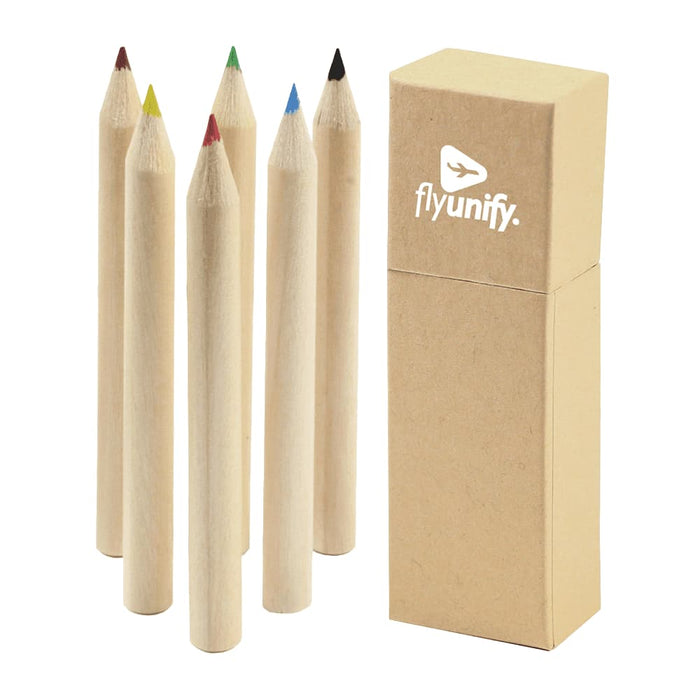Coloured Pencil Set 6pcs - A coloured pencil set featuring six pencils in red, green, blue, black, and yellow, packaged in a cardboard box with a logo.