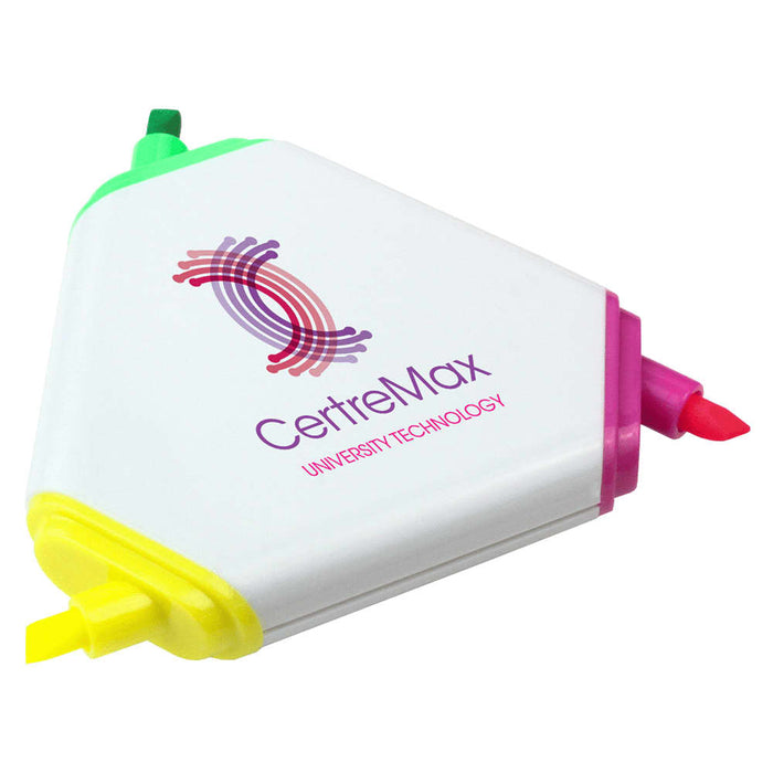 Triangular Highlighter - A triangular highlighter with yellow, green, pink, and orange tips, featuring a logo on one side.