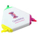 Triangular Highlighter - A triangular highlighter with yellow, green, pink, and orange tips, featuring a logo on one side.