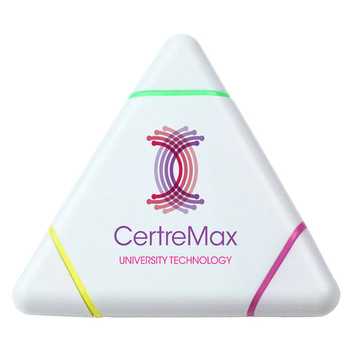 Triangular Highlighter - A triangular highlighter with pink, green, and yellow accents, featuring a logo on its surface.
