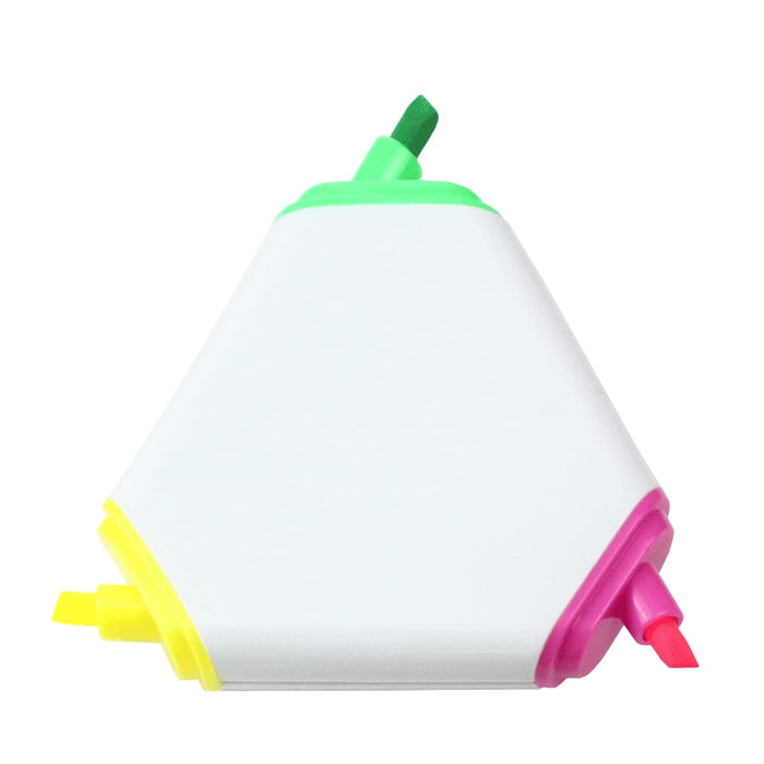 Triangular Highlighter - A triangular highlighter with four bright colours: pink, yellow, green, and orange. It has a logo on the side.