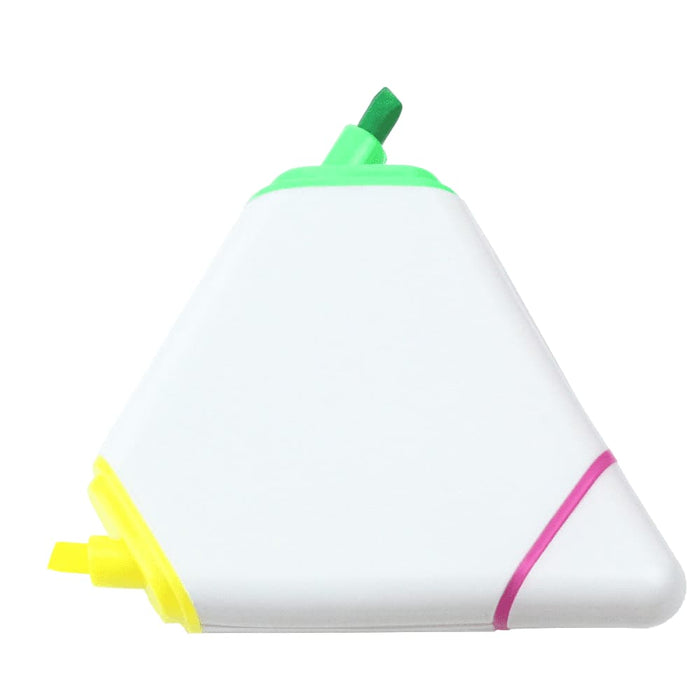 Triangular Highlighter - A triangular highlighter with green, yellow, and pink ends, featuring a white body and a logo.