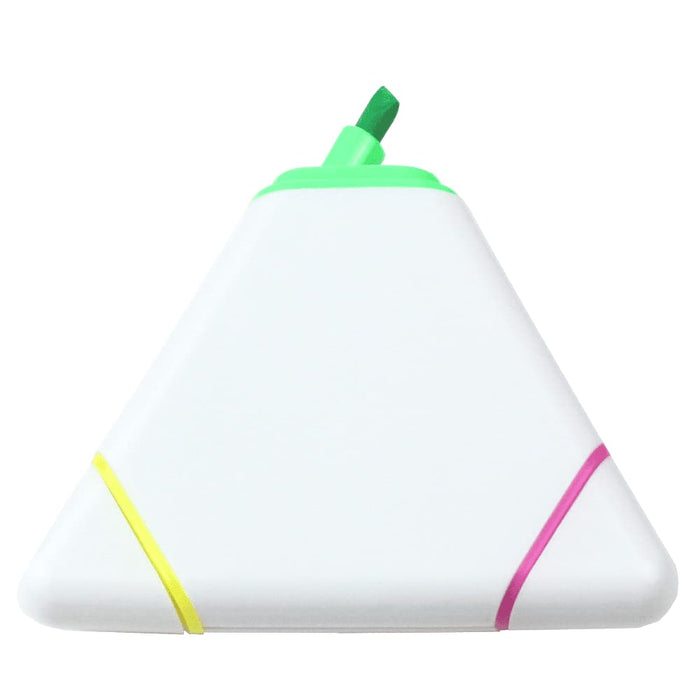 Triangular Highlighter - A triangular highlighter in white with green, yellow, and pink accents. It has a logo on one side.