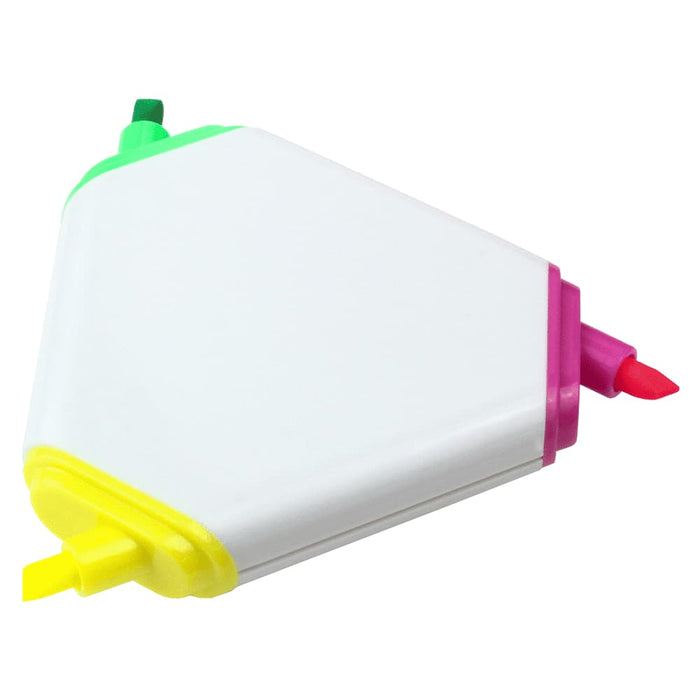 Triangular Highlighter - A triangular highlighter with pink, yellow, green, and orange tips, featuring a white body and a logo.