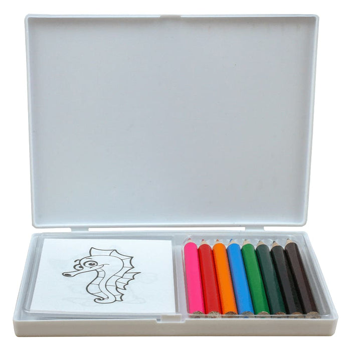 Colouring Set - A colouring set in a white box containing colourful pencils and a sketch of a seahorse.