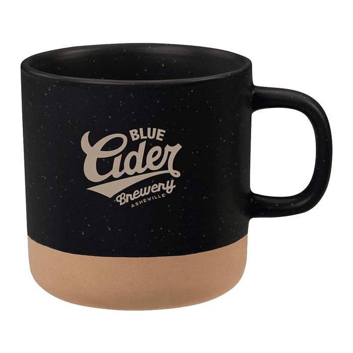 Santos 350ml Artisanal Ceramic Coffee Mug - A 350ml artisanal ceramic coffee mug in black with a tan base, featuring a logo on the side.
