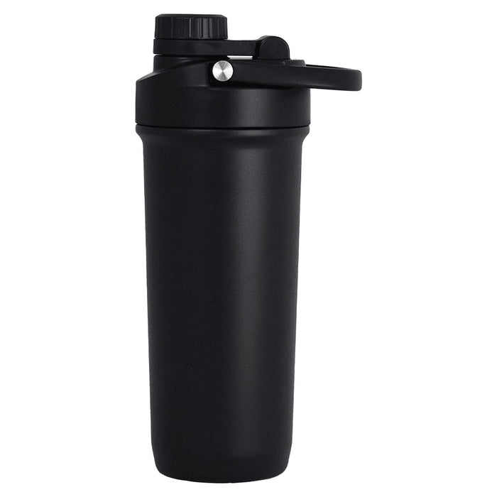Forge Double Wall Shaker 750ml - A drink bottle in matte black with a secure lid and a built-in shaker mechanism, featuring a logo.