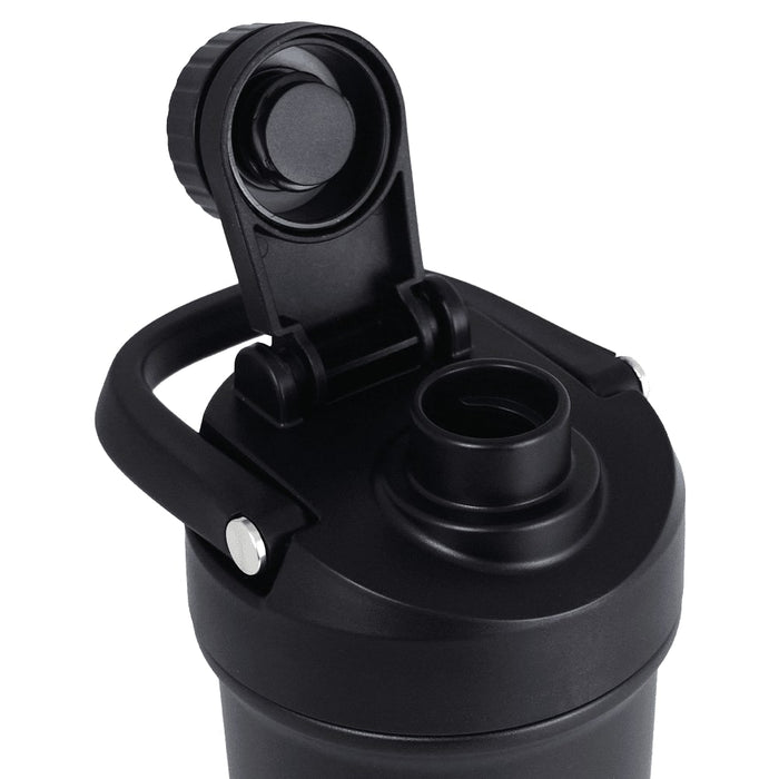 Forge Double Wall Shaker 750ml - A drink bottle in matte black with a secure lid and carrying handle, featuring a logo on the side.