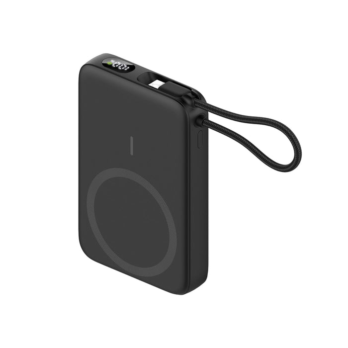 10000mAh Magnetic Wireless  Power Bank with Charging Cable - A black 10000mAh magnetic wireless power bank with a charging cable and a strap for easy carrying.