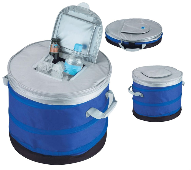 Top Opening Cooler Bag - A round cooler bag in blue and black with a silver insulated interior, featuring a top opening and carrying handles.