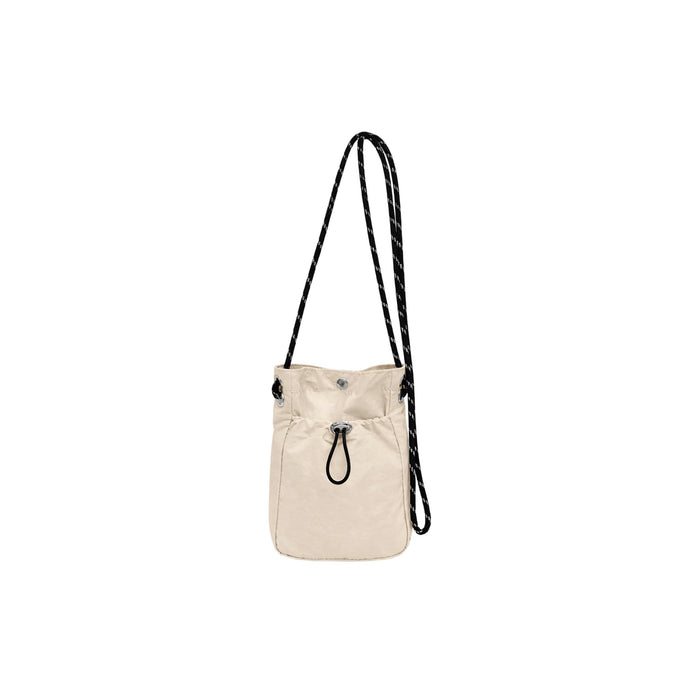 Lightweight Shoulder Phone Bag - A lightweight shoulder phone bag in cream with a black adjustable strap and drawstring closure.