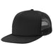 Flat Peak Trucker - A black Flat Peak Trucker cap featuring a solid front panel and a mesh back, with a logo on the side.