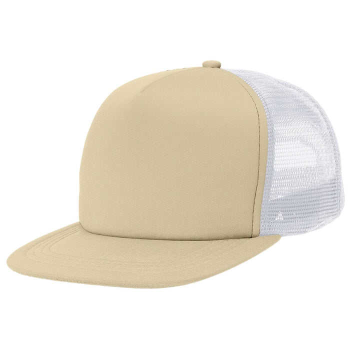 Flat Peak Trucker - A flat peak trucker cap in beige with a mesh back. The cap features a structured design and a logo.