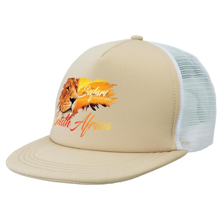 Flat Peak Trucker - A beige trucker cap with a white mesh back, featuring a lion graphic and text.