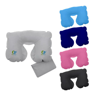 Inflatable travel Pillow - An inflatable travel pillow is displayed in grey, blue, pink, black, and a different shade. It features a logo.