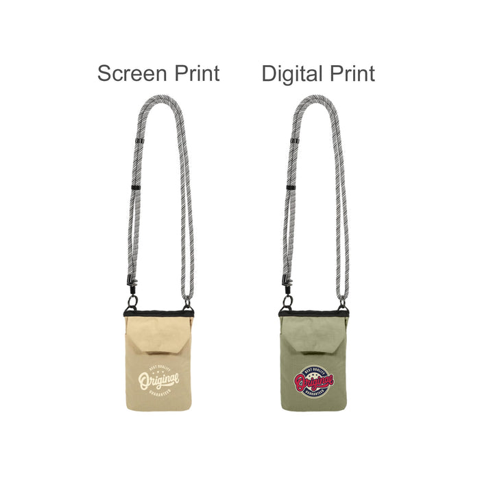 Minimalist Crossbody Phone Bag - A minimalist crossbody phone bag in tan and olive green, with adjustable straps and branding on the front.