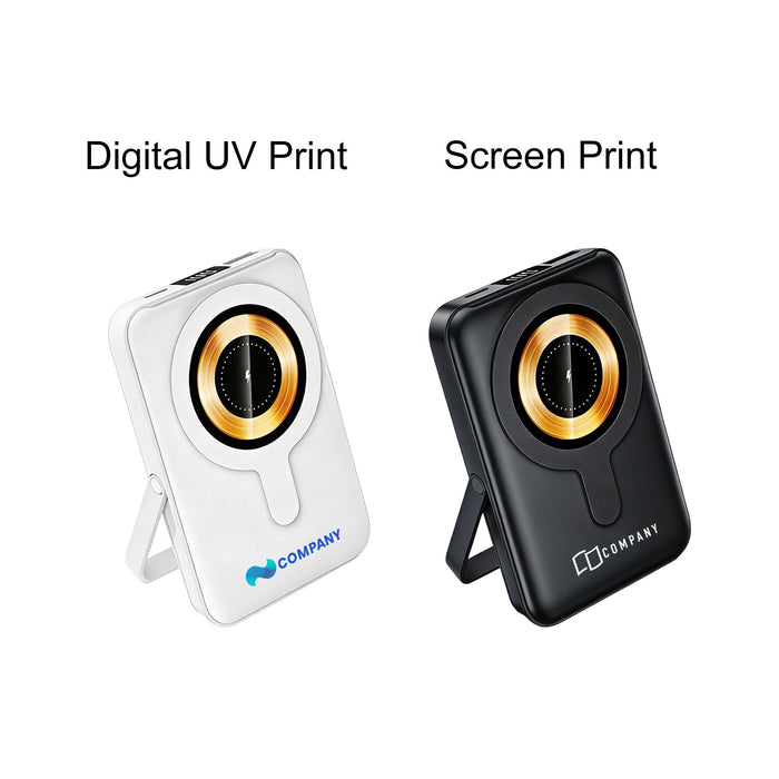 10000mAh Magnetic Wireless  Power Bank with Phone Stand - A 10000mAh magnetic wireless power bank available in white and black, featuring a phone stand and a logo.