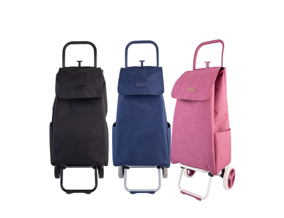 Sachi 'Swift' Shopping Trolley - A set of three shopping trolleys in black, navy, and pink, each with a logo and a folding handle.