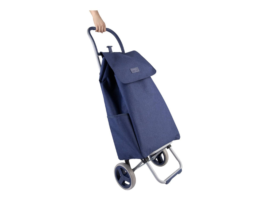 Sachi 'Swift' Shopping Trolley - A navy blue shopping trolley featuring a large fabric bag, wheels, and a handle for easy maneuvering.