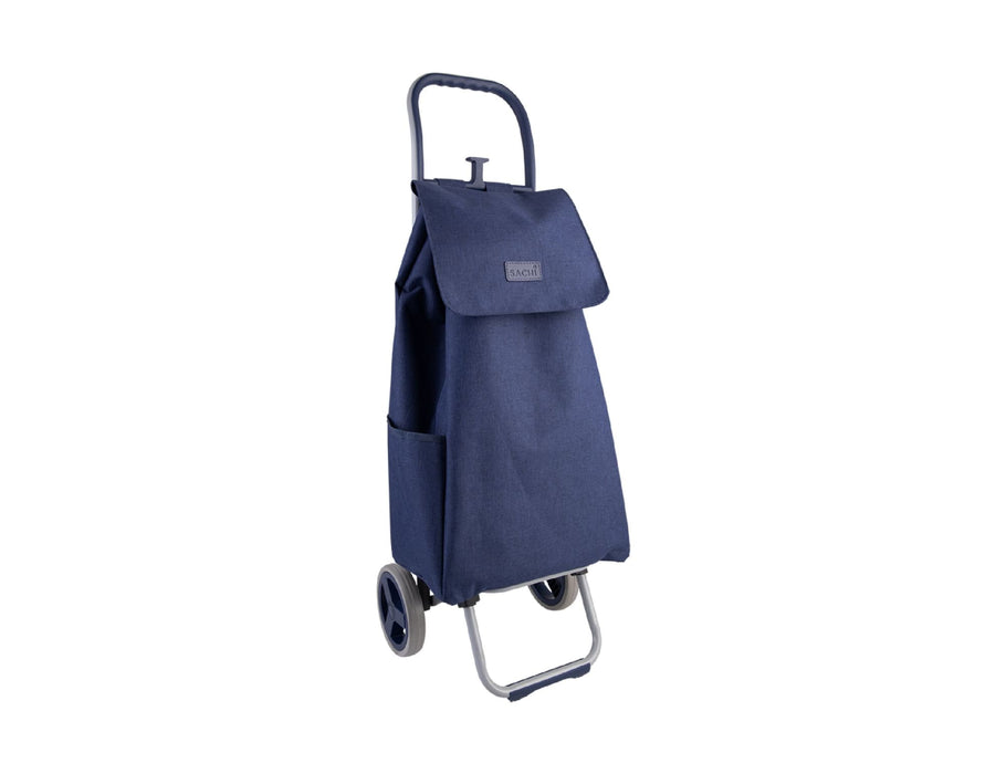 Sachi 'Swift' Shopping Trolley - A navy blue shopping trolley with a foldable cover and two wheels, featuring a handle and a side pocket.