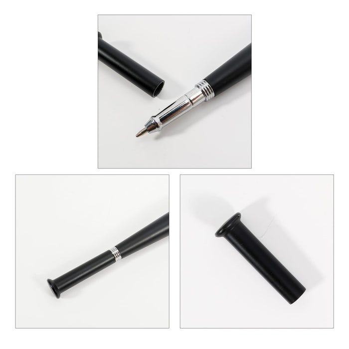 Plastic Baseball Bat Shape Pen - A black plastic pen shaped like a baseball bat, featuring a silver band near the tip and a logo on the side.