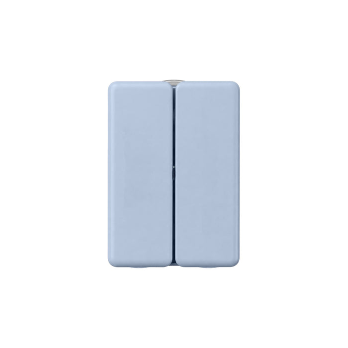 Folding 7 Compartment Pills Box - A light blue folding pill box with seven compartments and a logo on the surface.